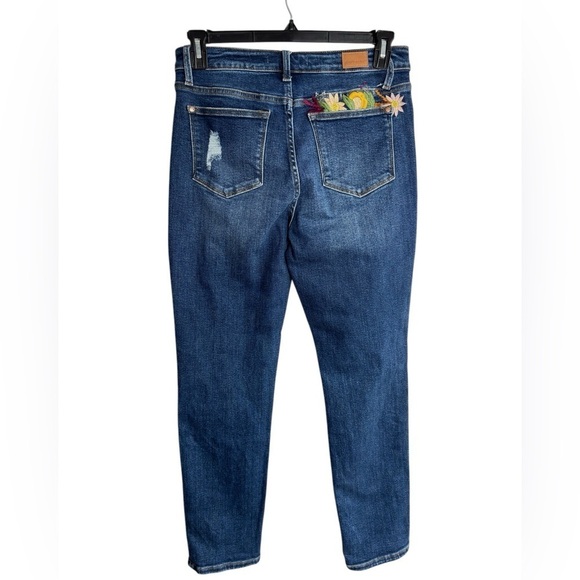Judy Blue Jeans Women's  7 / 28 Blue Boyfriend Fit Distressed Floral Embroidered - Picture 7 of 16
